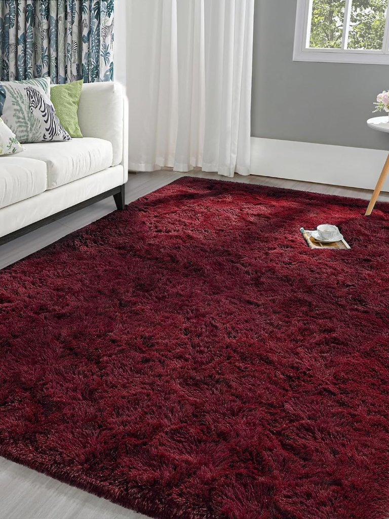 Fluffy Burgundy Rug For Bedroom Living Room, 3x5 Feet Super Soft Shaggy Plush Fu